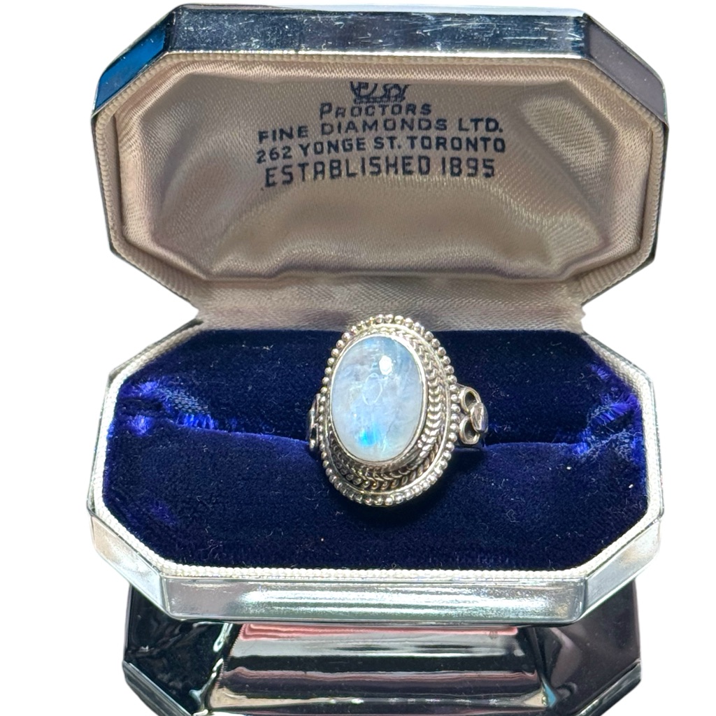 Fancy Sterling Silver925 Oval Moonstone Irnate Scrolled Design Ring